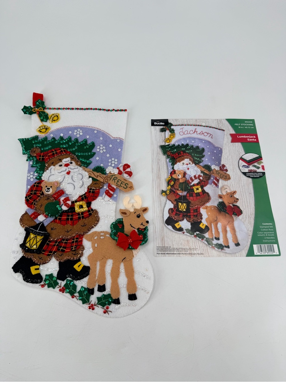 Bucilla 18” Lumberjack Santa Christmas Stocking Holiday Sparkle Sequin COMPLETED
